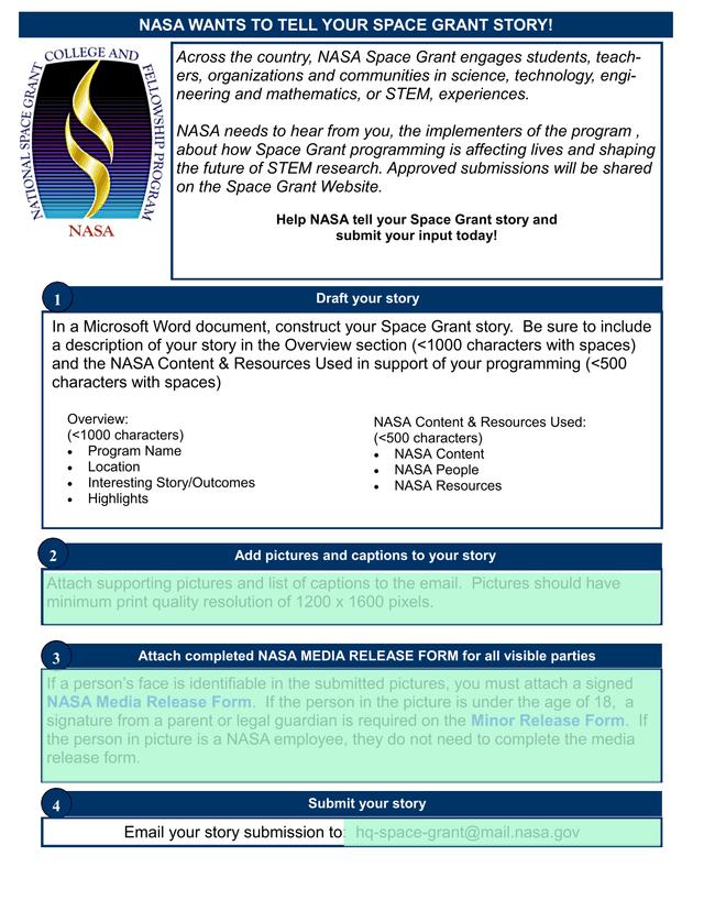 NASA Space Grant Story Submission Guidelines screenshot