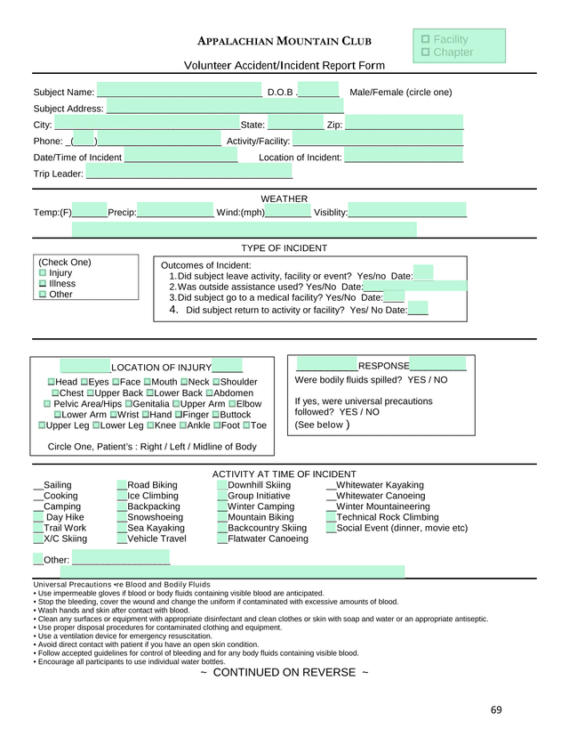 Volunteer AccidentIncident Report Form screenshot