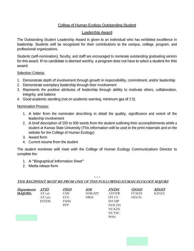 College Of Human Ecology Outstanding Student Leadership Award screenshot