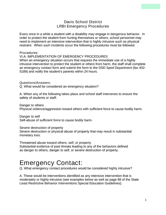 Davis School District LRBI Emergency Procedures screenshot