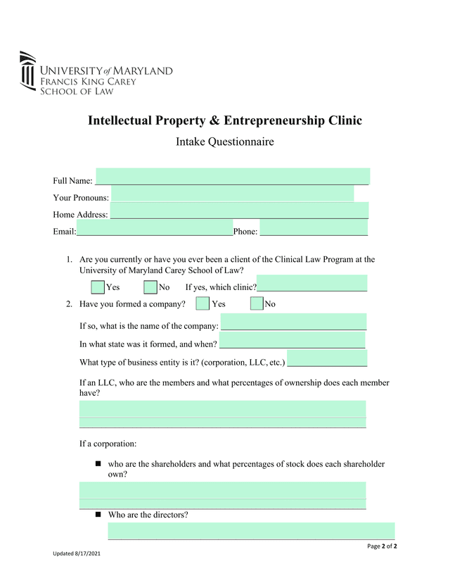 Intellectual Property  Entrepreneurship Clinic Intake Questionnaire screenshot