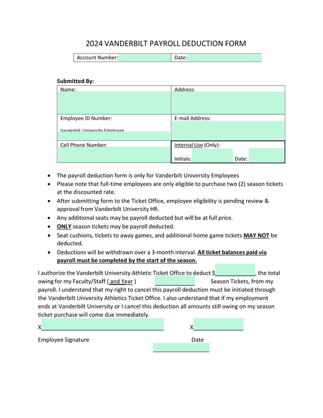 2024 Vanderbilt Payroll Deduction Form screenshot