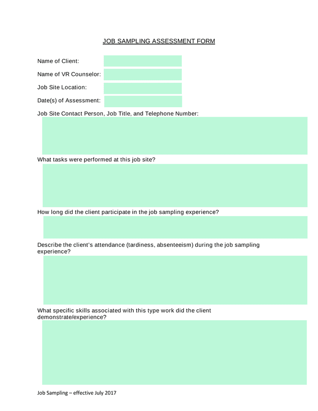 Job Sampling Assessment Form screenshot