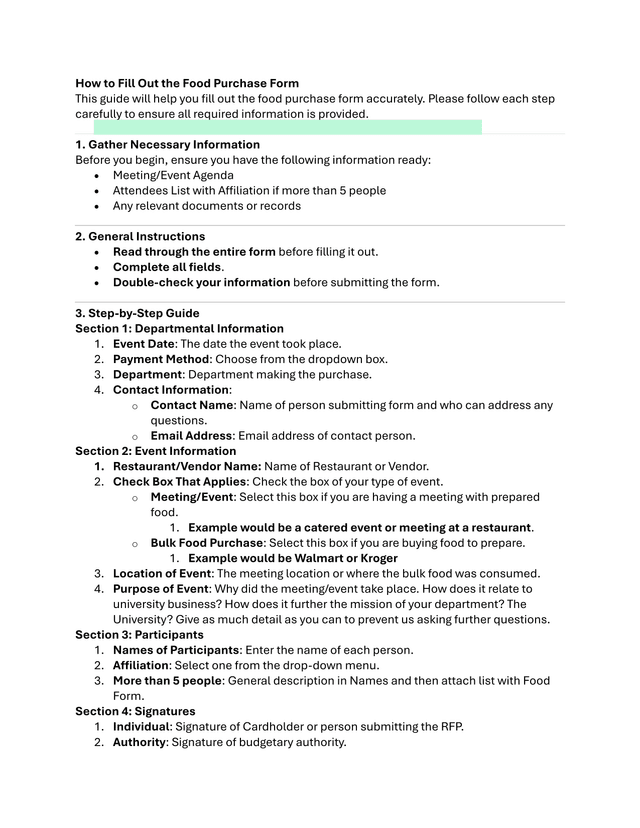 Food Purchase Form Guide screenshot