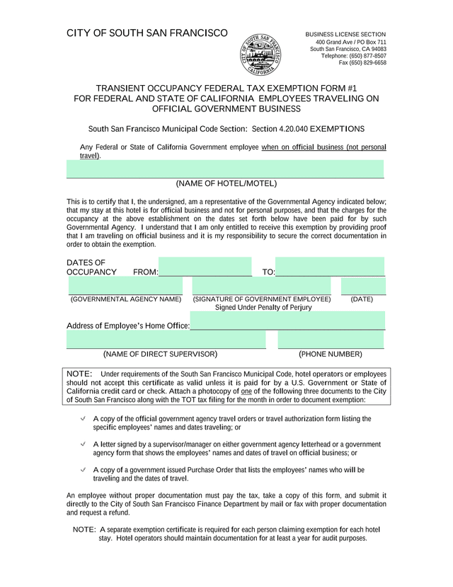 Transient Occupancy Federal Tax Exemption Form 1 screenshot
