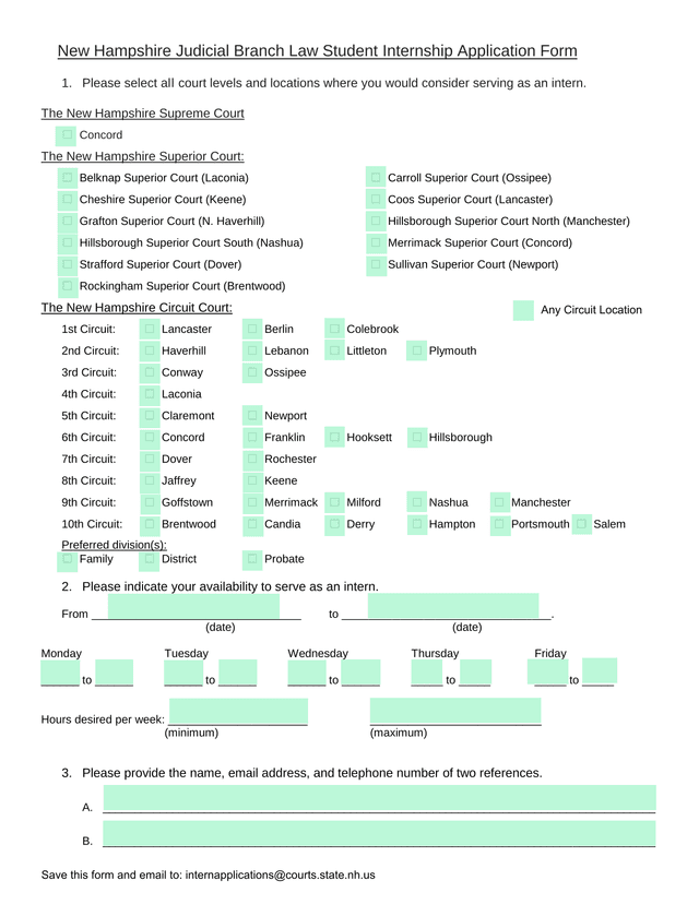 New Hampshire Judicial Branch Law Student Internship Application Form screenshot