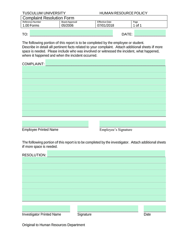 Complaint Resolution Form screenshot