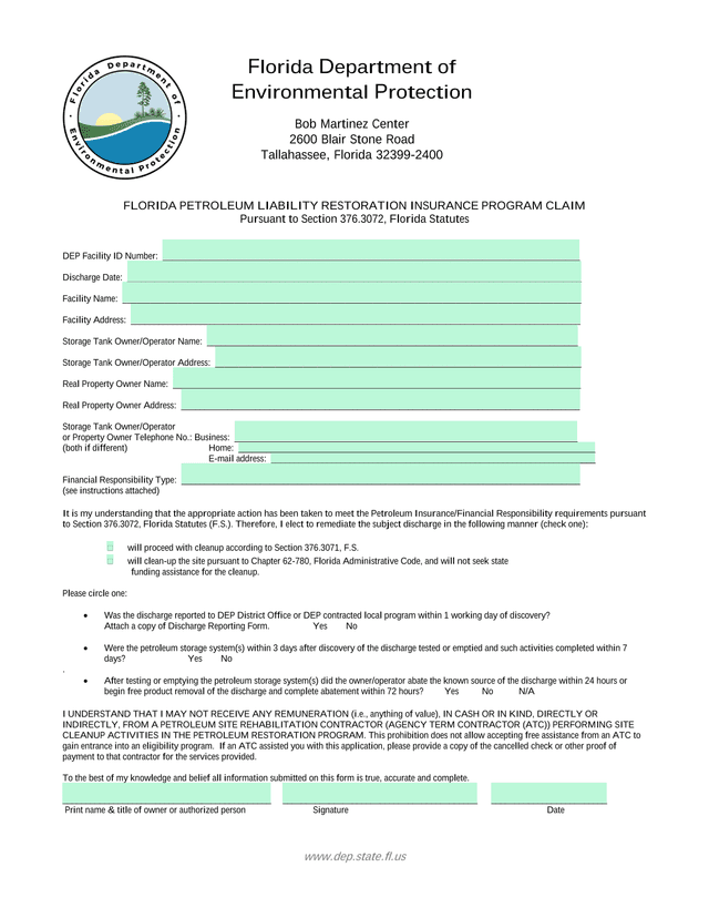 Florida Petroleum Liability Restoration Insurance Program Claim screenshot