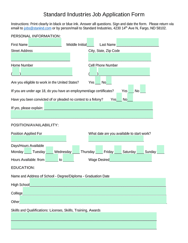 Standard Industries Job Application Form screenshot