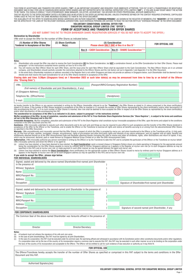 Form Of Acceptance And Transfer For Offer Shares (FAT) screenshot