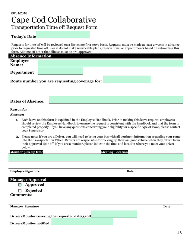 Transportation Time Off Request Form screenshot