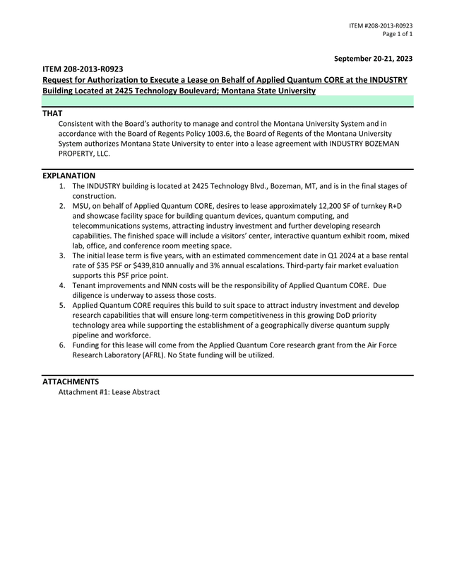 Request For Authorization To Execute A Lease On Behalf Of Applied Quantum CORE At The INDUSTRY Build screenshot