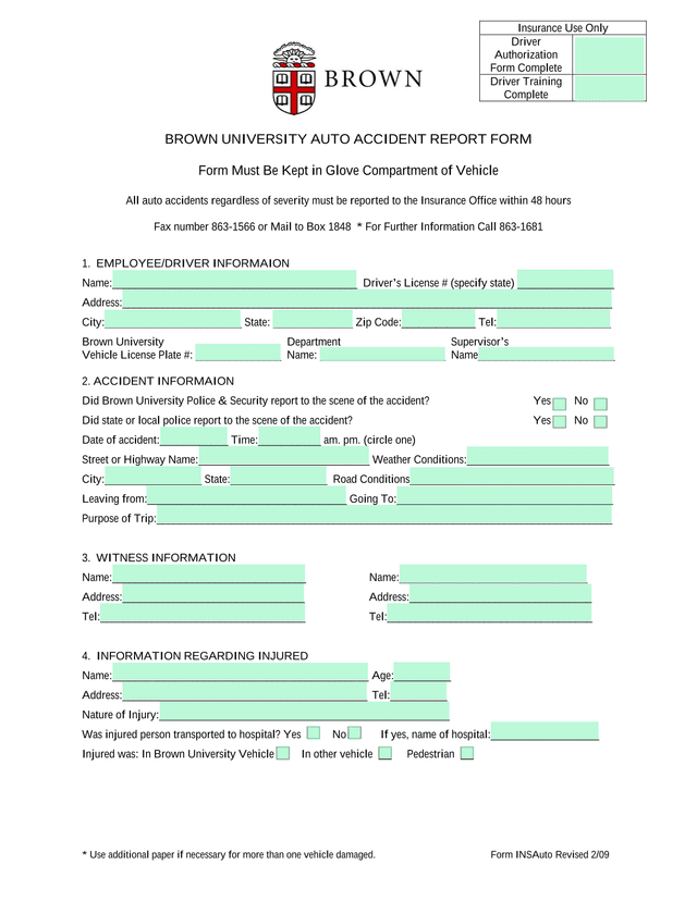 BROWN UNIVERSITY AUTO ACCIDENT REPORT FORM screenshot