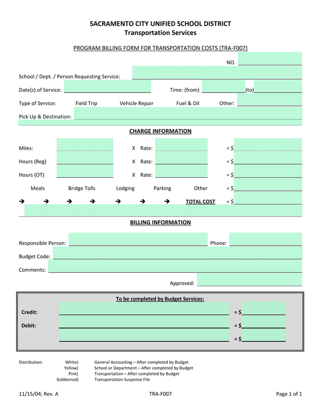 PROGRAM BILLING FORM FOR TRANSPORTATION COSTS screenshot