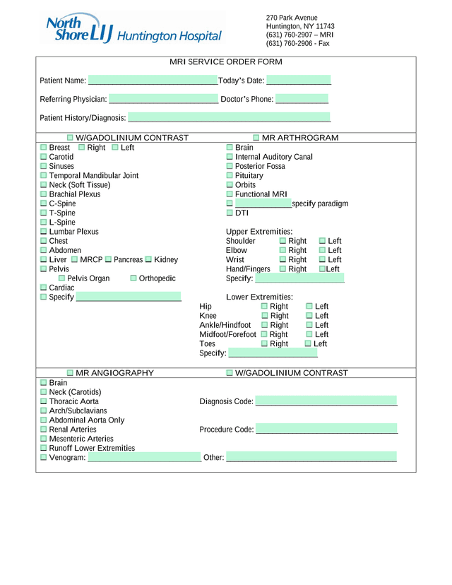 MRI SERVICE ORDER FORM screenshot
