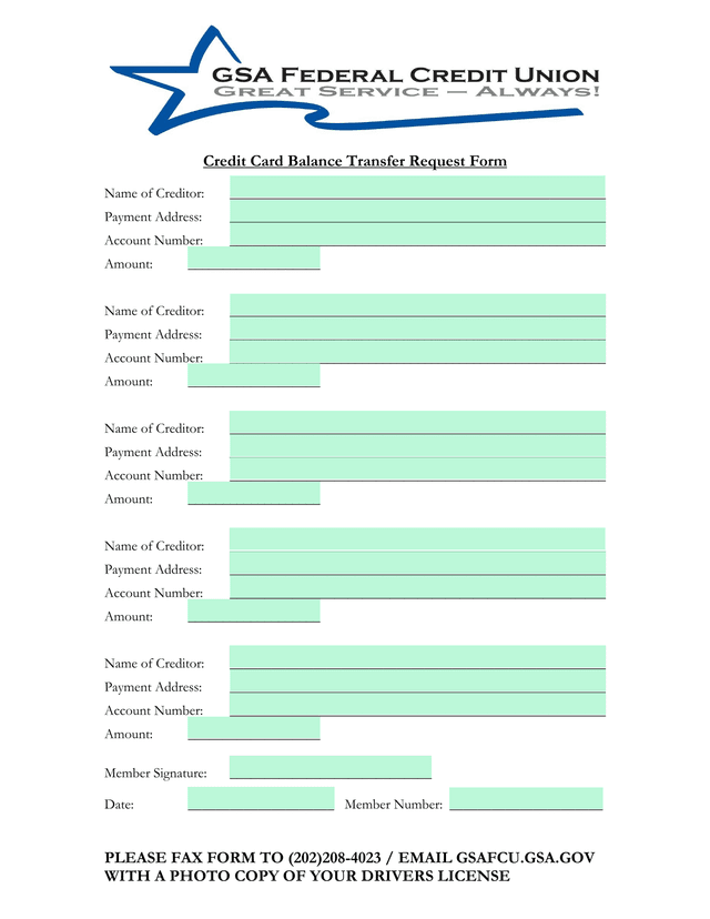 Credit Card Balance Transfer Request Form screenshot
