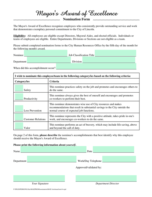Nomination Form screenshot