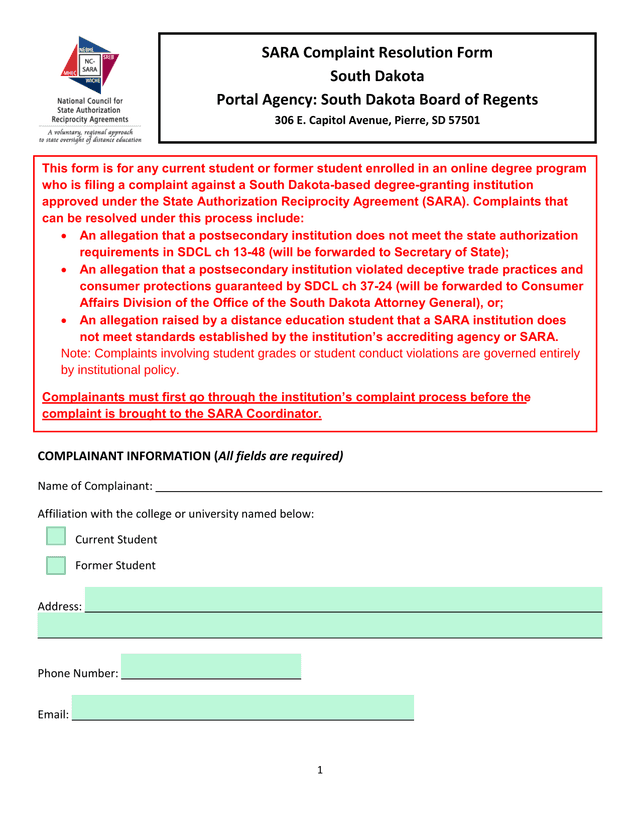 SARA Complaint Resolution Form screenshot