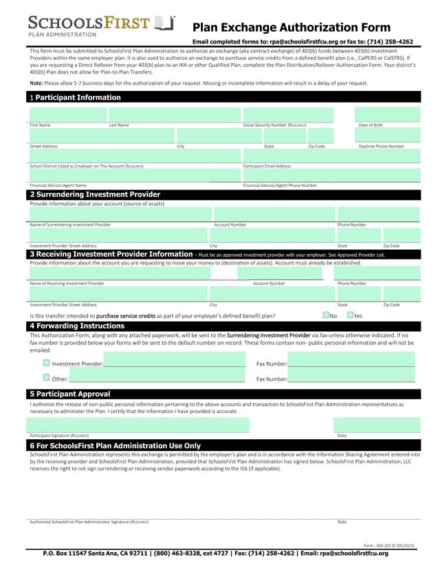 Plan Exchange Authorization Form screenshot