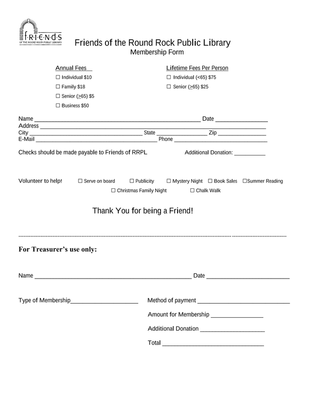 Friends Of The Round Rock Public Library Membership Form screenshot