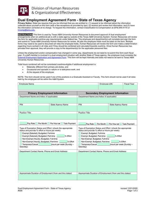 Dual Employment Agreement Form   State Of Texas Agency screenshot