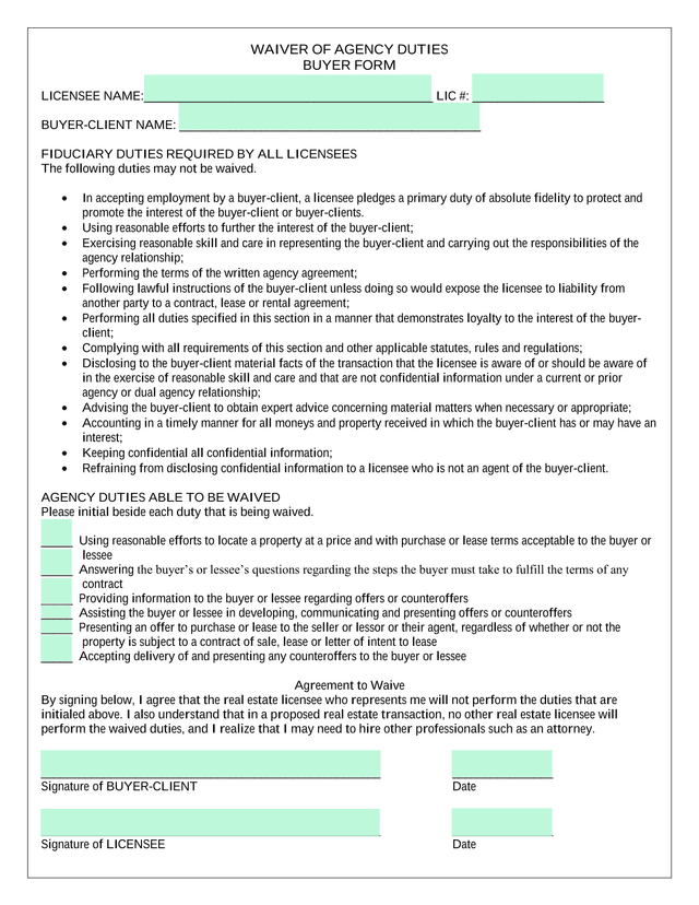 WAIVER OF AGENCY DUTIES BUYER FORM screenshot