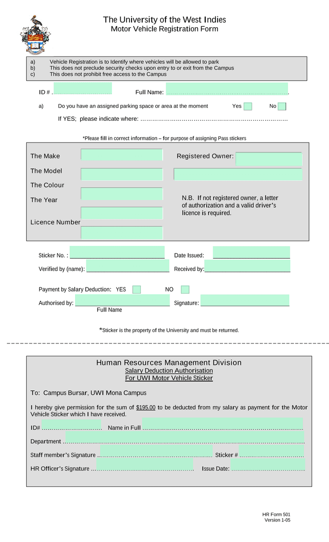 HR Form 501 Motor Vehicle Registration Form screenshot