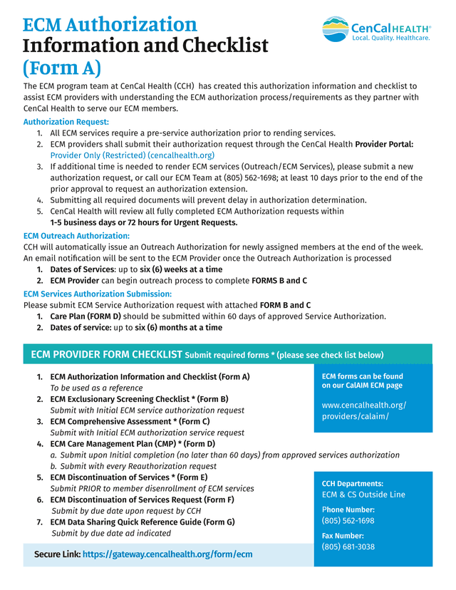 ECM Authorization Information And Checklist (Form A) screenshot