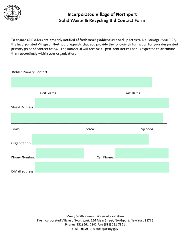 Solid Waste  Recycling Bid Contact Form screenshot