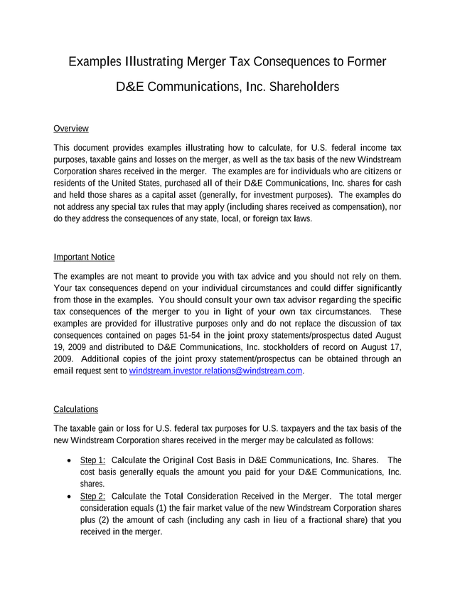 Examples Illustrating Merger Tax Consequences To Former DE Communications, Inc. Shareholders screenshot