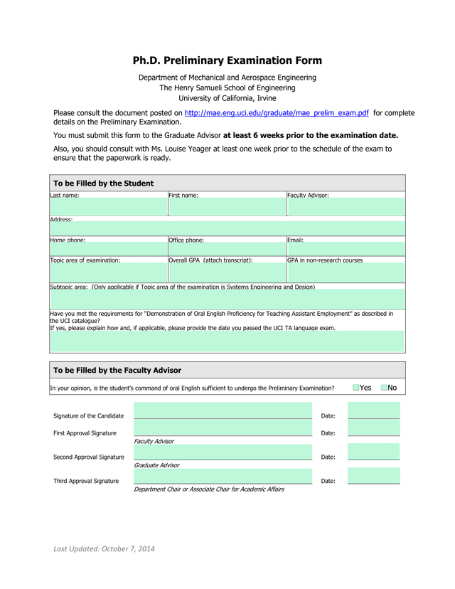 Ph.D. Preliminary Examination Form screenshot