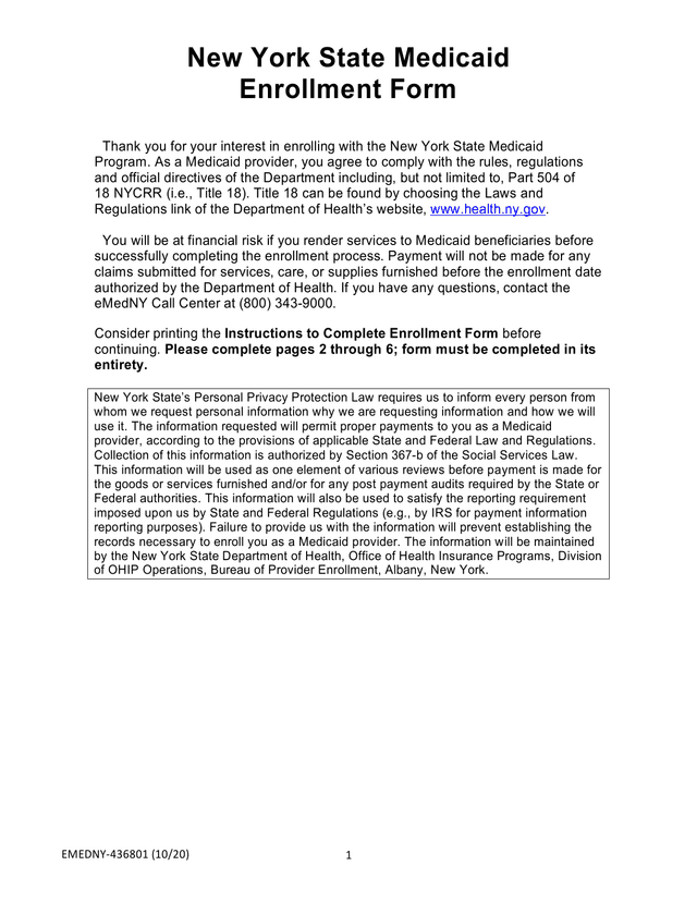 NY Medicaid Provider Enrollment Form For Practitioners screenshot
