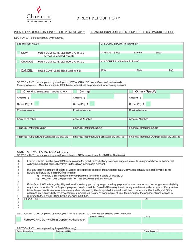 Direct Deposit Authorization Form screenshot