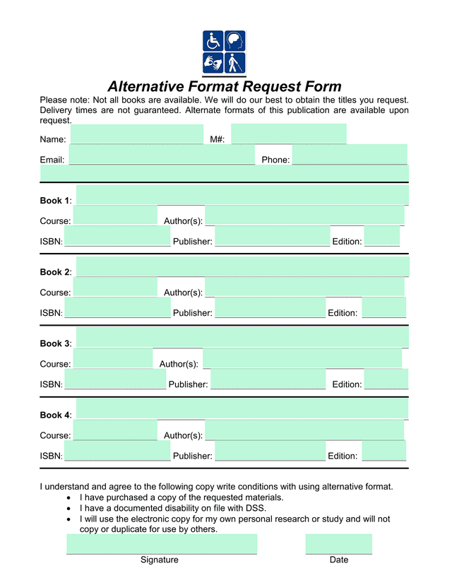 Alternative Format Request Form screenshot