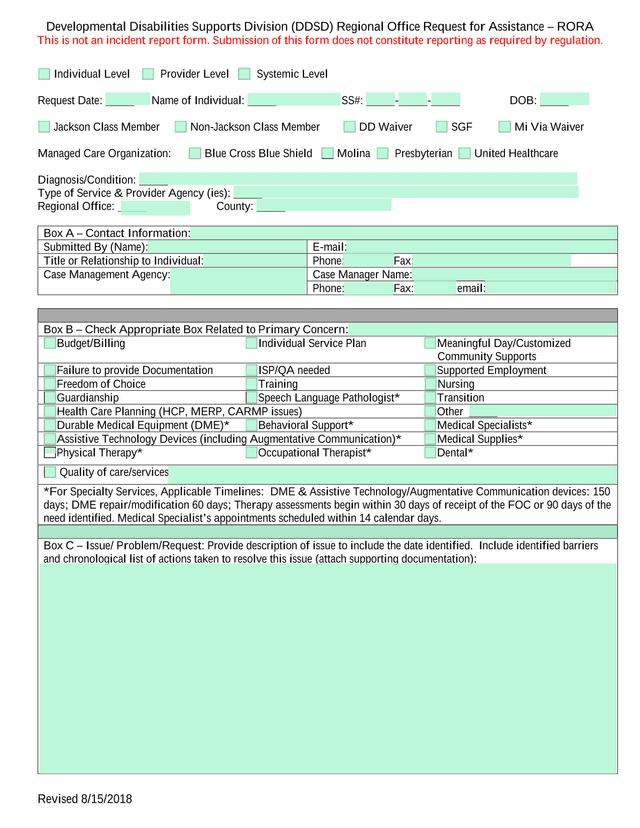 Developmental Disabilities Supports Division (DDSD) Regional Office Request For Assistance  RORA screenshot
