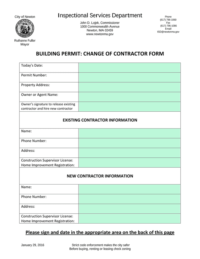 BUILDING PERMIT CHANGE OF CONTRACTOR FORM screenshot