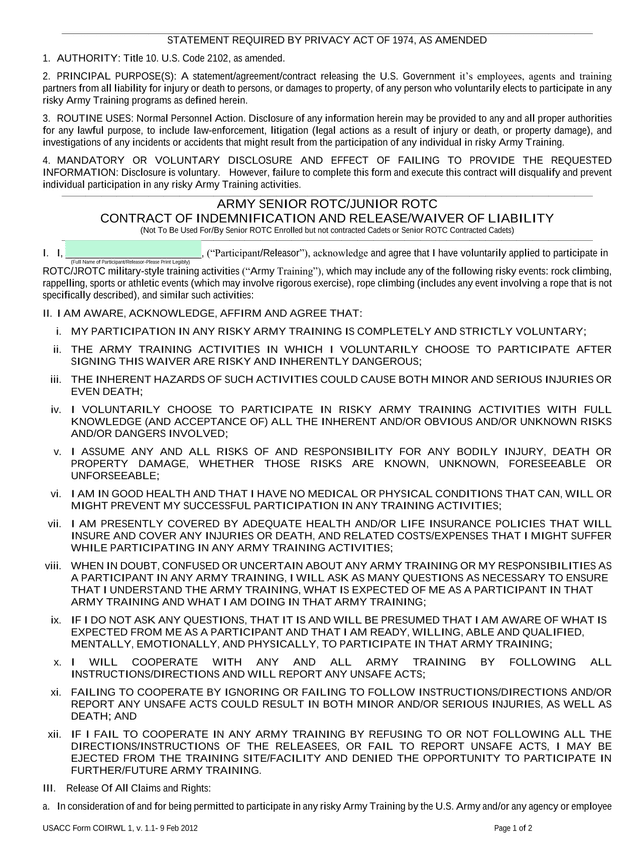 USACC Form COIRWL 1, V. 1.1 screenshot