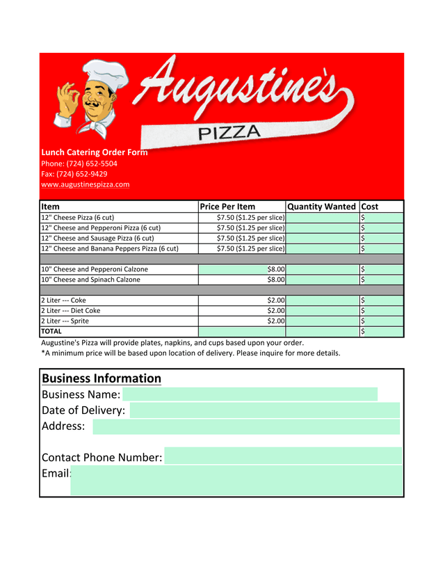 Lunch Catering Order Form screenshot