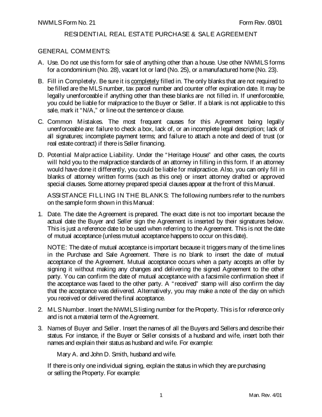 NWMLS Form No. 21   Residential Real Estate Purchase  Sale Agreement screenshot