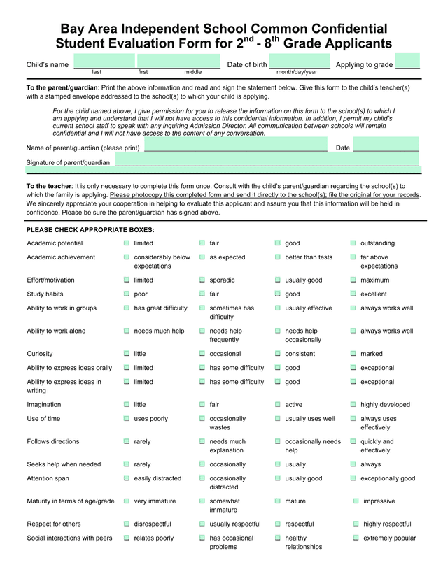 Bay Area Independent School Common Confidential Student Evaluation Form For 2nd   8th Grade Applican screenshot