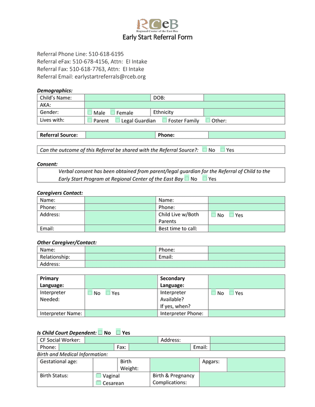 Early Start Referral Form screenshot