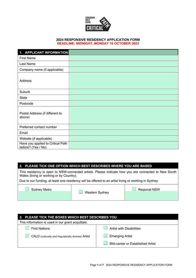 2024 RESPONSIVE RESIDENCY APPLICATION FORM screenshot