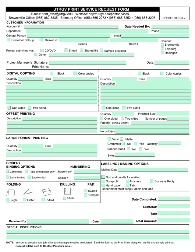 UTRGV Print Service Request Form screenshot