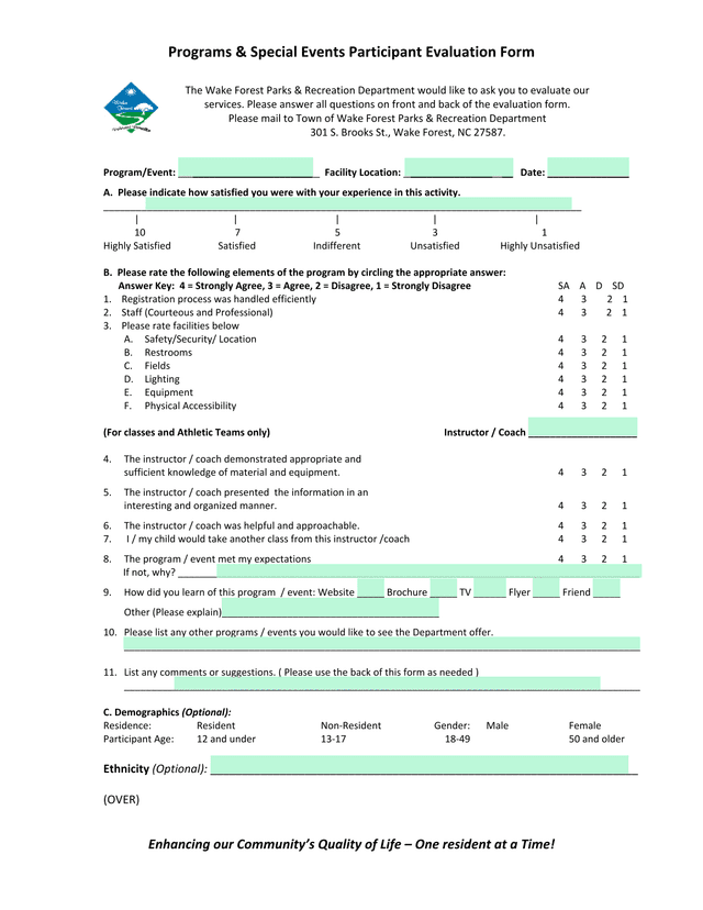 Programs  Special Events Participant Evaluation Form screenshot