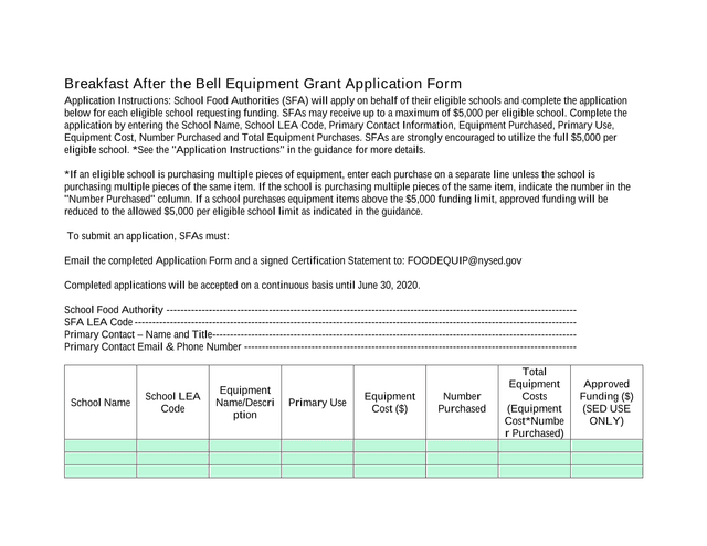 Breakfast After The Bell Equipment Grant Application Form screenshot