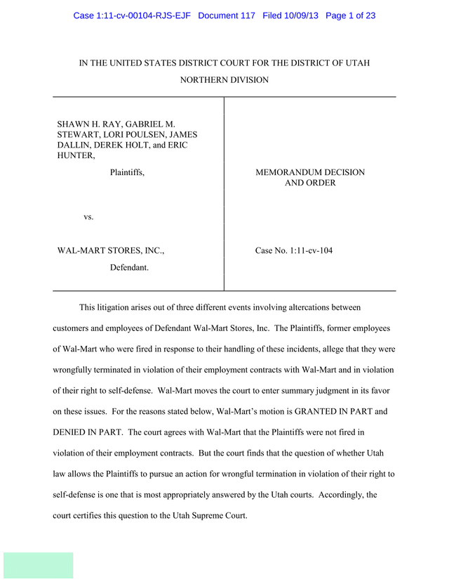 Memorandum Decision And Order   Ray Et Al. V. Wal Mart Stores, Inc. screenshot