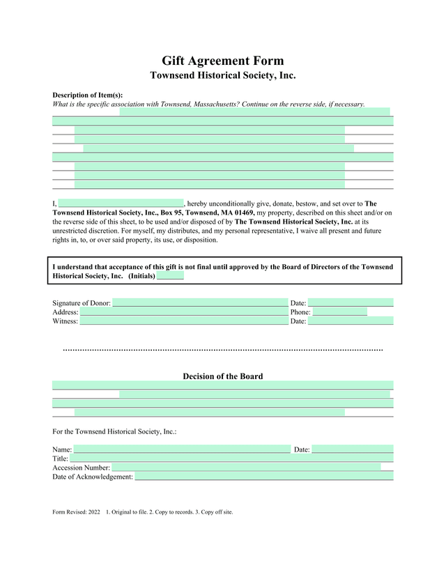 Gift Agreement Form screenshot