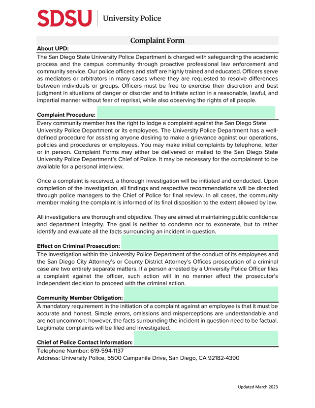 Complaint Form screenshot