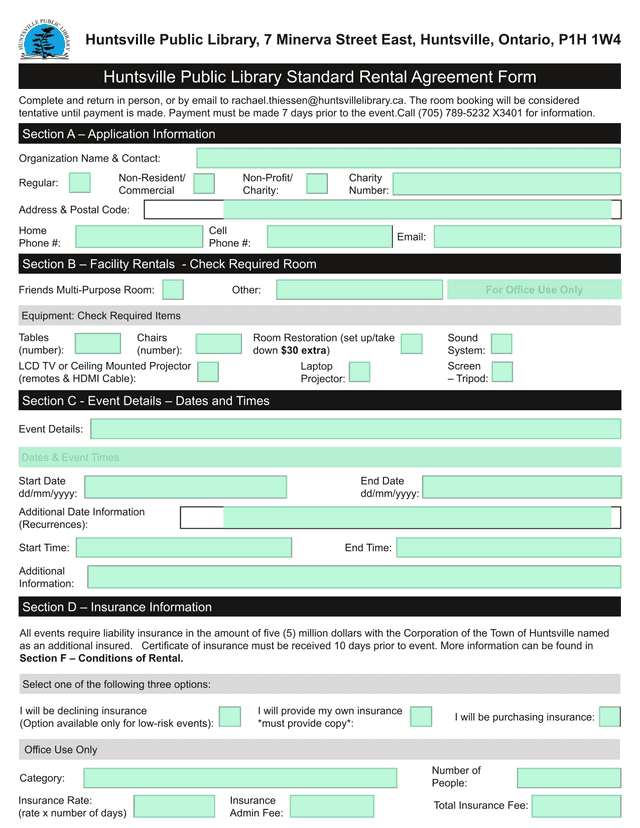 Huntsville Public Library Standard Rental Agreement Form screenshot