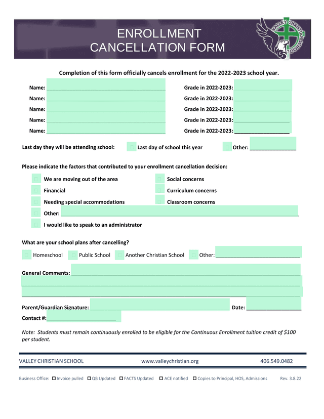 ENROLLMENT CANCELLATION FORM screenshot